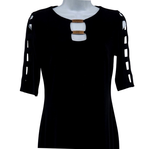 Joseph Ribkoff Black Cutout Sleeve Sheath Dress Size 4 Bar Detail Lined Zip - Picture 10 of 11